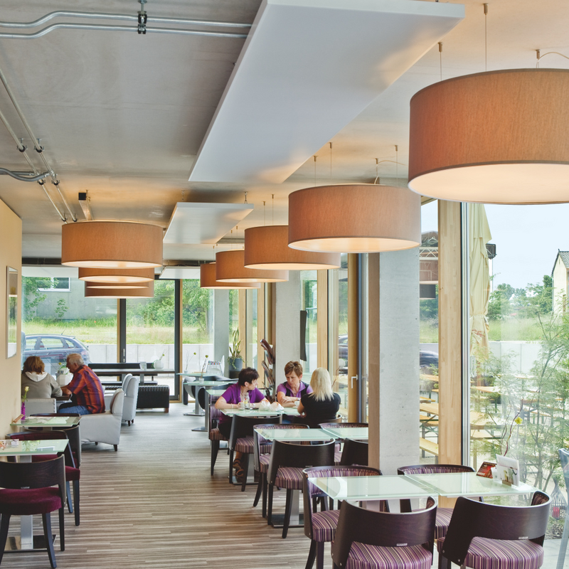 Golfpark, Fürth, Germany, Cafeteria, perforated surface, Reference, Sound absorption (perforated), Ceiling canvas